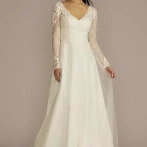 DB Studio Long Sleeve Lace Bodice Tulle A-Line Wedding Dress